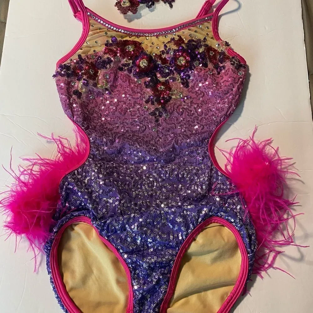 Glamour solo dance costume purple pink feather rhinestone jazz LC-large child